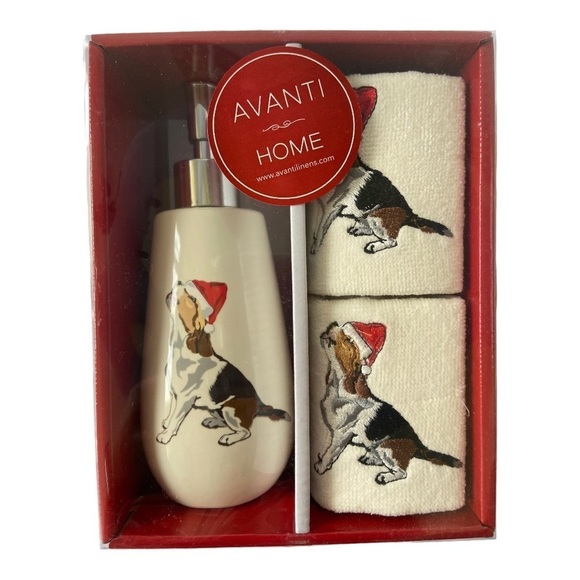 Avanti Happy Howliday Beagle Ivory Embroidered Towel & Lotion Pump 3 PC Set NWT - Picture 2 of 4